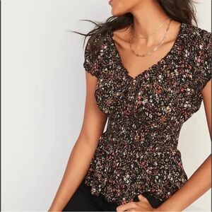 Old Navy Black Floral Puff Ruffle Cap Sleeve Smocked Peplum Blouse Top